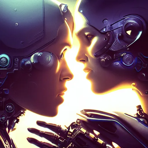 Image similar to ultra realistic medium shot of a couple of cyborgs kissing, lovers, cyberpunk, sci - fi, fantasy, kodak, colour led, soft light, volumetric lighting, night, intricate, highly detailed, digital painting, concept art, smooth, sharp focus, illustration, art by artgerm and greg rutkowski and alphonse mucha