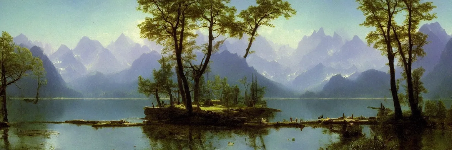 Image similar to beautiful albert bierstadt landscape painting of beautiful mountains and lakes with a mcdonald ’ s fast food restaurant in the scene