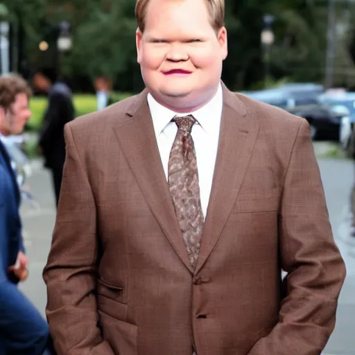 Prompt: Andy Richter is wearing a chocolate brown suit and necktie. Andy is standing outside in the bright sun. His face is glistening with sweat.