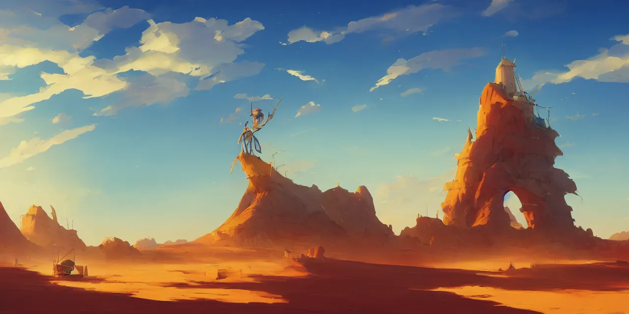 Prompt: blue desert, organic tower in the distance, green sky with a red sun, pirate ship floating in the sky, official fanart behance hd artstation by jesper ejsing, by rhads, makoto shinkai and lois van baarle, ilya kuvshinov, ossdraws