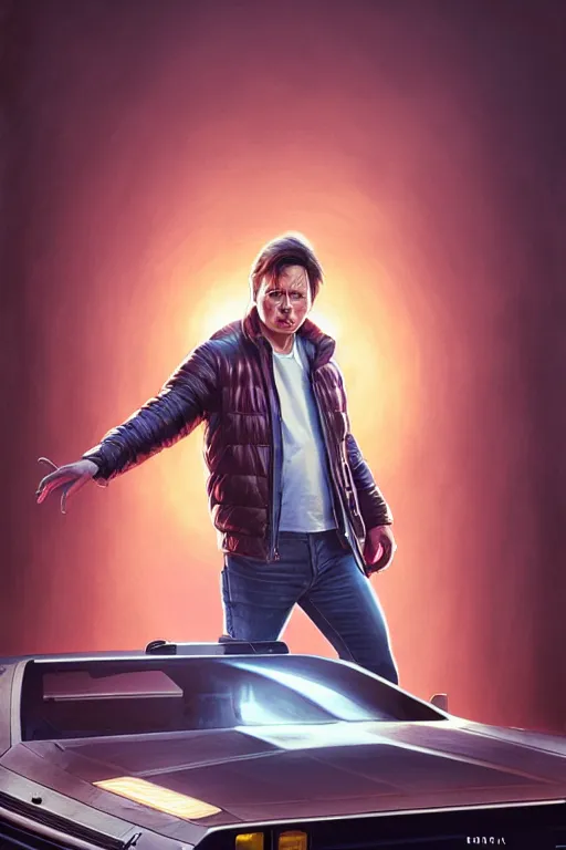 Image similar to elon musk as marty mcfly near delorean, realistic portrait, symmetrical, highly detailed, digital painting, artstation, concept art, smooth, sharp focus, illustration, cinematic lighting, art by artgerm and greg rutkowski and alphonse mucha