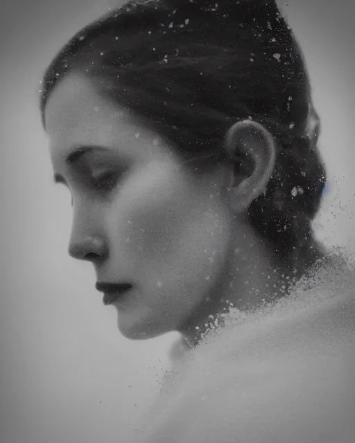 Image similar to a woman's face in profile, made of a snow capped Swiss mountain, in the style of the Dutch masters and Gregory Crewdson, dark and moody