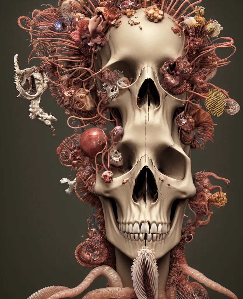 Image similar to goddess close-up portrait skull with mohawk, ram skull, skeleton, thorax, x-ray, backbone, jellyfish phoenix head, nautilus, orchid, skull, betta fish, bioluminiscent creatures, intricate artwork by Tooth Wu and wlop and beeple. octane render, trending on artstation, greg rutkowski very coherent symmetrical artwork. cinematic, hyper realism, high detail, octane render, 8k