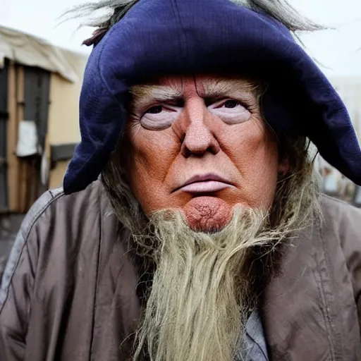 Image similar to donald trump dressed as a homeless man living in the slums