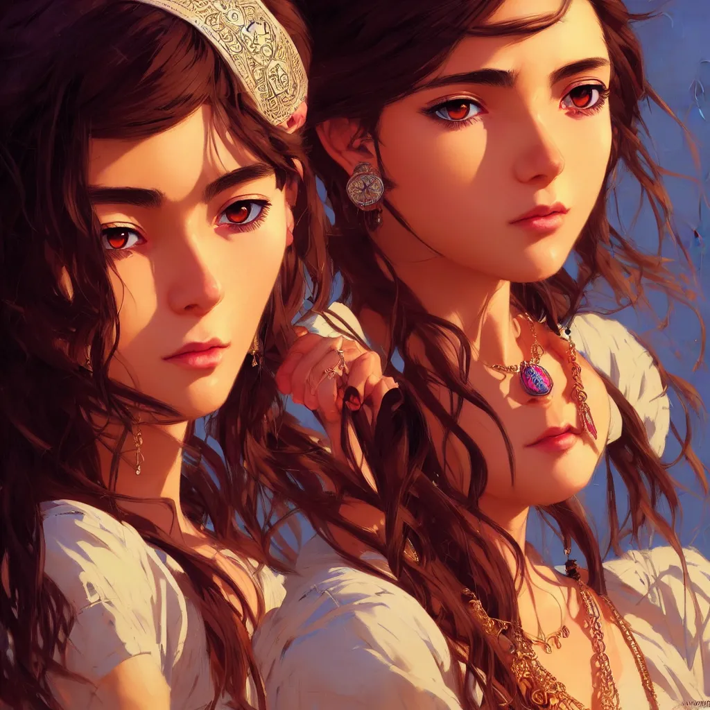 Image similar to a comic portrait of an gypsy girl, fine - face, realistic shaded perfect face, fine details, jewelry, night setting. very anime style. realistic shaded lighting poster by ilya kuvshinov katsuhiro, magali villeneuve, artgerm, jeremy lipkin and michael garmash, rob rey and kentaro miura style, trending on art station