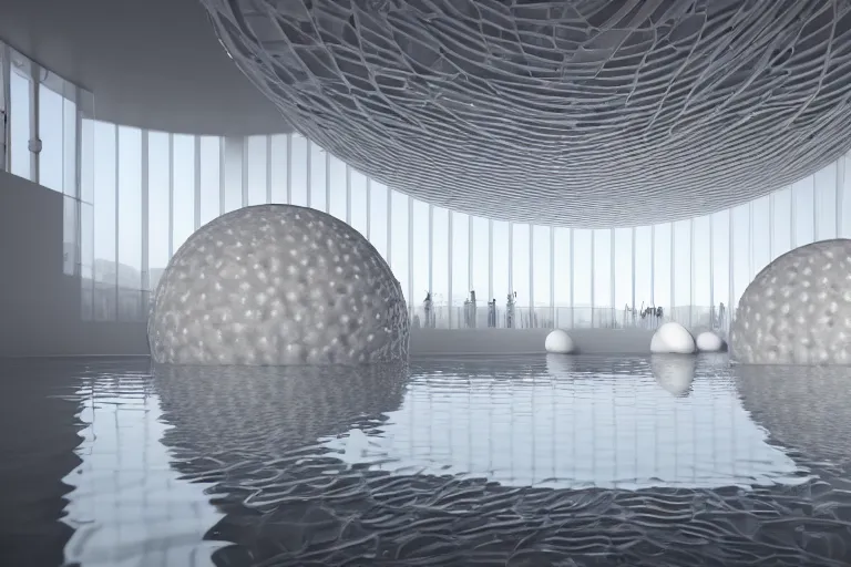 Image similar to a building interior formed by the intersection and fusion of many multi white spherical egg shaped spaces, on the calm lake surface, people's perspective award winning, highly detailed 4 k art, dusk, unreal engine highly rendered, global illumination, radial light, internal environment by kazuyo sejima