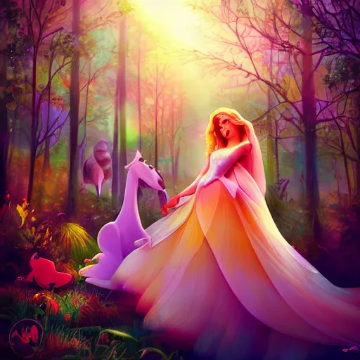 Image similar to A beautiful experimental art of Princess Aurora singing in the woods while surrounded by animals. She looks so peaceful and content in the company of the animals, and the colors are simply gorgeous. colorful lighting by Jeannette Guichard-Bunel harrowing