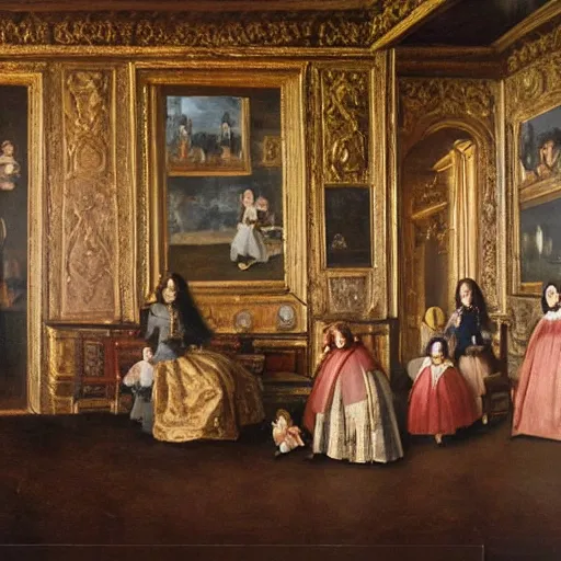 Image similar to family portrait in the main room of the castle painted in 1 6 5 6, dark room, one point of light coming through one big window inspired by las meninas, spaces between subjects and good detail and realistic face form for each person in the canva, inspired by diego velasquez better quiality