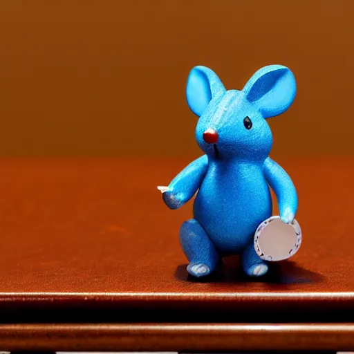 Prompt: small blue mouse standing on a poker table (EOS 5DS R, ISO100, f/8, 1/125, 84mm, postprocessed, crisp face, facial features)