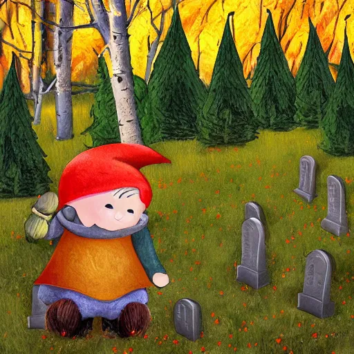 Prompt: landscape of Aspen Cemetery with a small orangish colored gnome who is cute and childlike with a hat and tabard leaning against a tombstones, fantasy, faerie, spirit, whimsical