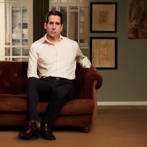 Prompt: full body photo of michael scott, mature male, mysterious face. he is sitting gracefully on a sofa, elegant slim beige shirt, tight shirt, bally belly