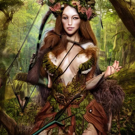 Image similar to huntress, fairy tale; forest; goddess of the hunt; Ferdinand Khab; deep woods; warrior woman; archery, Art of Illusion, Artrift, finalRender, Flickr, IMAX, Polycount, r/Art, shadow depth, Sketchfab, Sketchlab, Substance Designer, VRay; trending on r/deepdream; AppGameKit, recursive ray tracing; volumetric lighting; ambient occlusion, Hyper detailed digital matte painting, concept art, hyperrealism, Cinema 4D, 8k resolution, 64 megapixels, bokeh, CGSociety, ZBrush Central, behance HD, hypermaximalist, a masterpiece, 4K, Ukiyo-e, film noir, neon, beautiful, deep colors, bright, amazing, gorgeous, wonderful, great, marvelous, fantastic, magnificent, excellent, fabulous, lovely, astonishing, outstanding, splendid, glorious, mist, by Gustav Klimt and Gustave Doré,