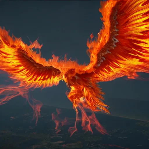 Prompt: hyperdetailed image of a detailed flaming phoenix wings spread 8 k extremely detailed hd hyperrealism unreal engine daz 3 d