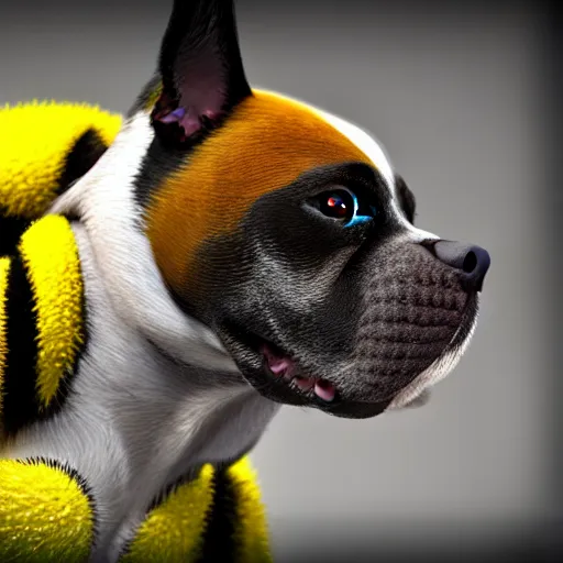 Image similar to perfect mix between a dog and a bee. hyper realistic and highly detailed chimera photography. 8 k rendering, surrealism, concept art, unreal engine 5, trending on artstation.