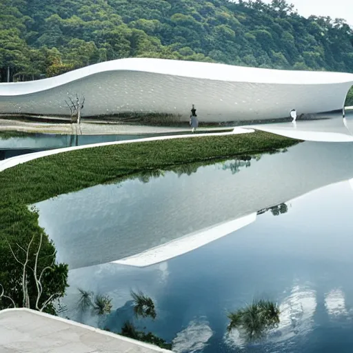 Image similar to a white art museum building with a fish shaped cell bubble structure on the surface of a beautiful lake. the interior is luminous. it was created by tadao ando and hiroshi shimajima