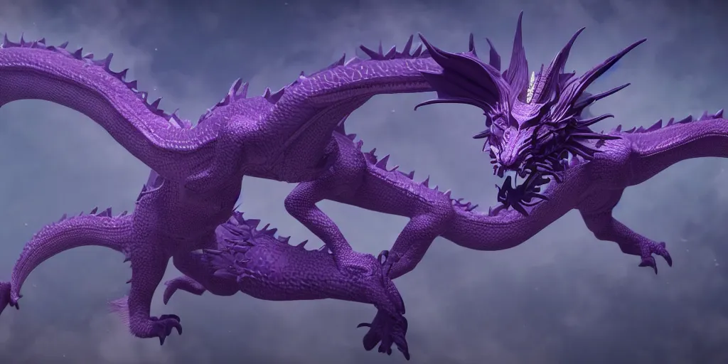 Prompt: highly detailed a purple dragon wearing a crown flies through space, 4 k, photorealistic, unreal 5