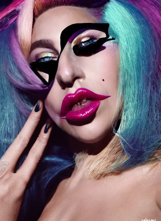 Image similar to lady gaga styled by nick knight posing, chromatica album inspired, photohoot, set pieces, intricate set, vogue magazine, canon, highly realistic. high resolution. highly detailed. dramatic. 8 k. 4 k.