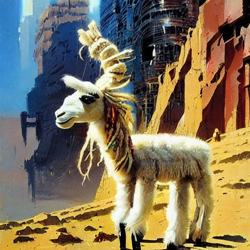 Prompt: llama with dreadlocks, epic scene, by John Berkey