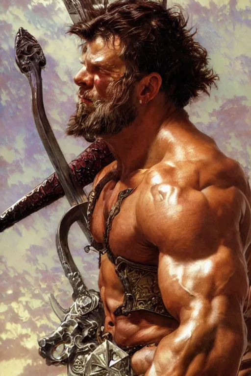 Prompt: closeup portrait of muscular male barbarian, intricate details, large sword, by Stanley Artgerm Lau, by greg rutkowski, by thomas kindkade, by alphonse mucha, loish, by norman rockwell J.