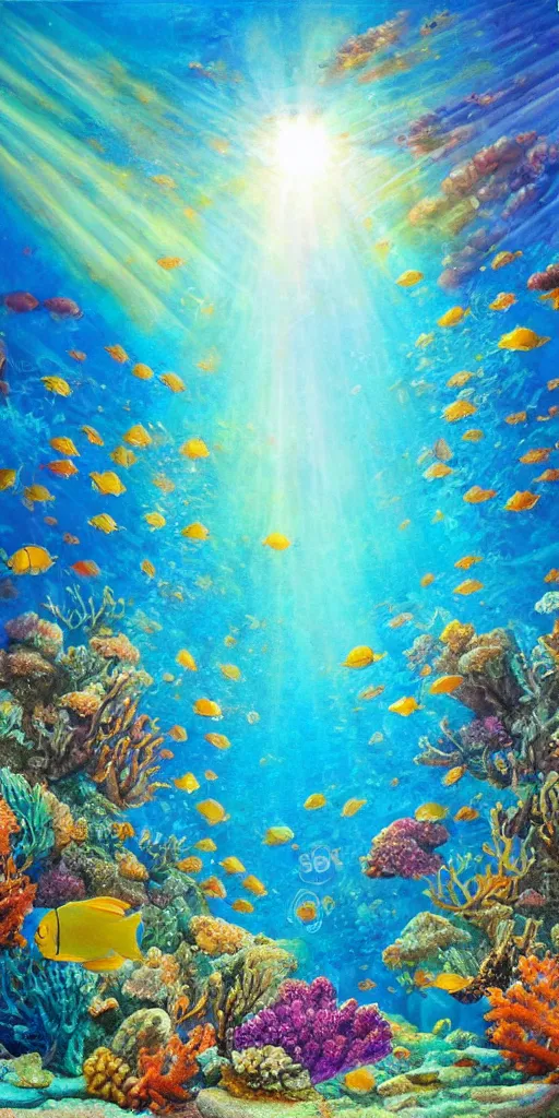 Image similar to underwater coral reef landscape magical realism painting with sun rays coming from above