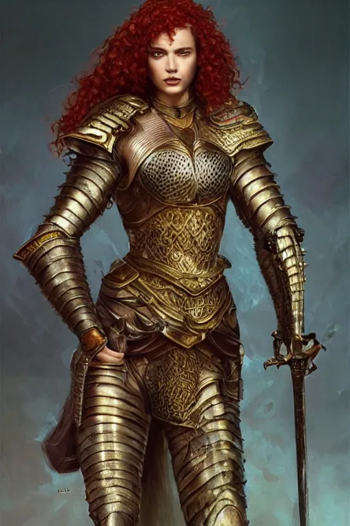 Image similar to full body portrait of a rugged female warrior short length red curly hair and a very highly detailed face wearing elegant obsidian, sliver and gold plate mail armor intricately painted, holding an ancient two hand great sword, very highly detailed, artstation, cgsociety, realistic character concept art, sharp focus, by greg rutkowski, artgerm, and alphonse mucha