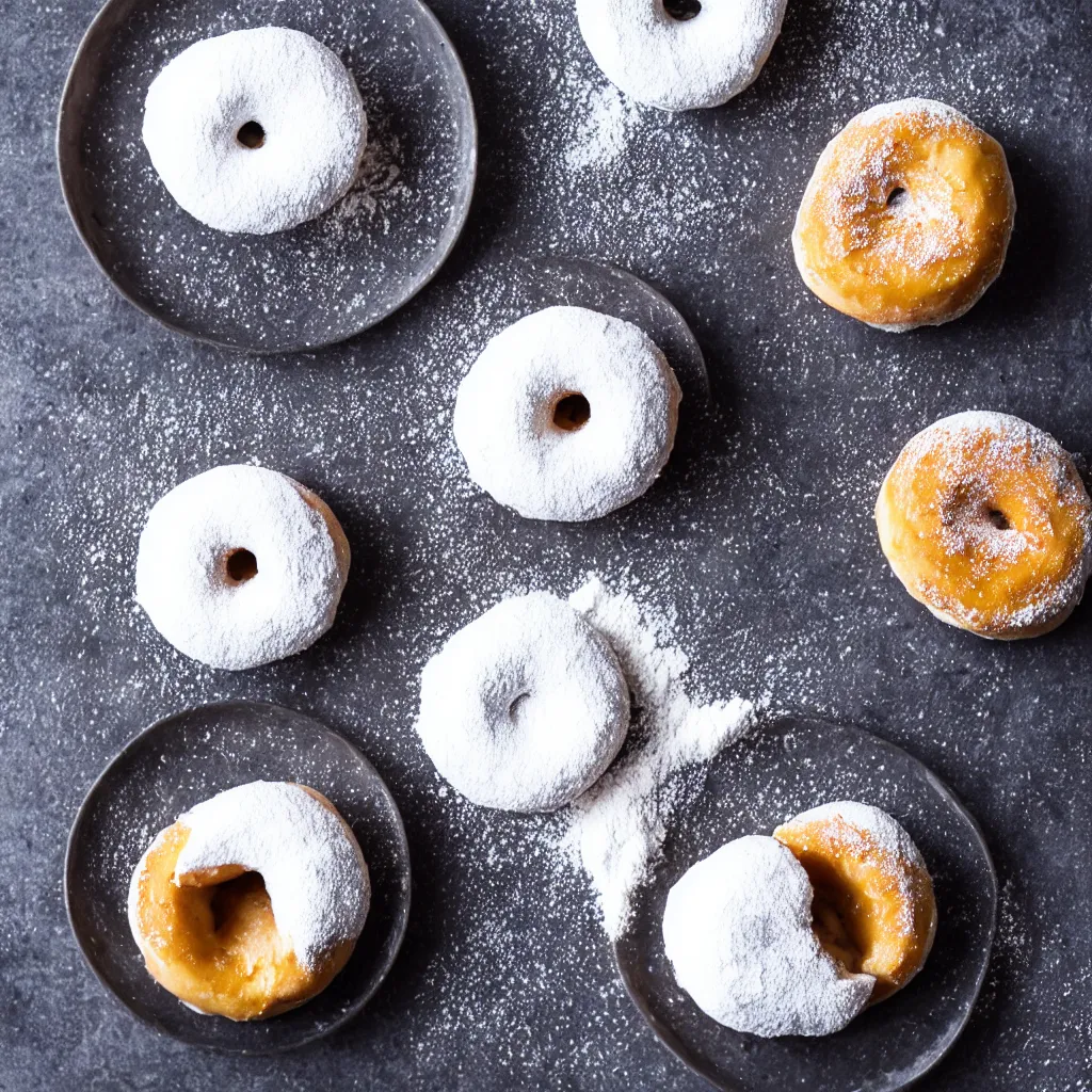 Prompt: Powdered donut, recipe, photography