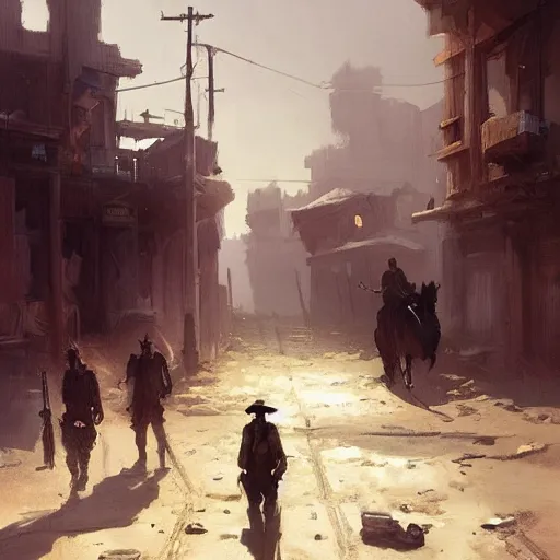 Prompt: old west concept art by greg rutkowski, high noon in a desolate town with broken down shops and a saloon, enigmatic atmosphere, beautiful and cinematic lighting, artstation hq.