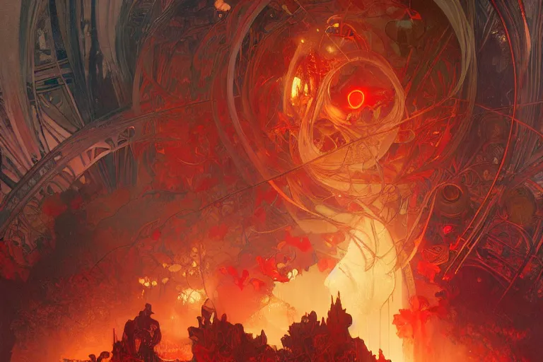 Image similar to arcs of flame intertwined with arcs of water, shards of mercury, dramatic lighting, cyberpunk neon, secret cypher, red flowers, solar flares, intricate art by alphonse mucha and greg rutkowski