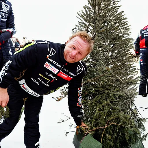 Image similar to Petter Solberg after he crashed into the christmas tree