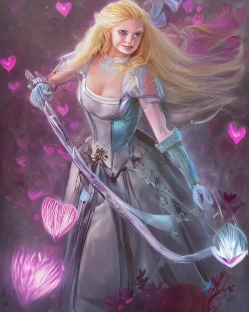 Image similar to Alice in wonderland as Malenia Blade of Miquella, Elden ring aesthetic, blond hair, wearing armor, falling hearts, flowers, artgerm, WLOP, Ross Tran