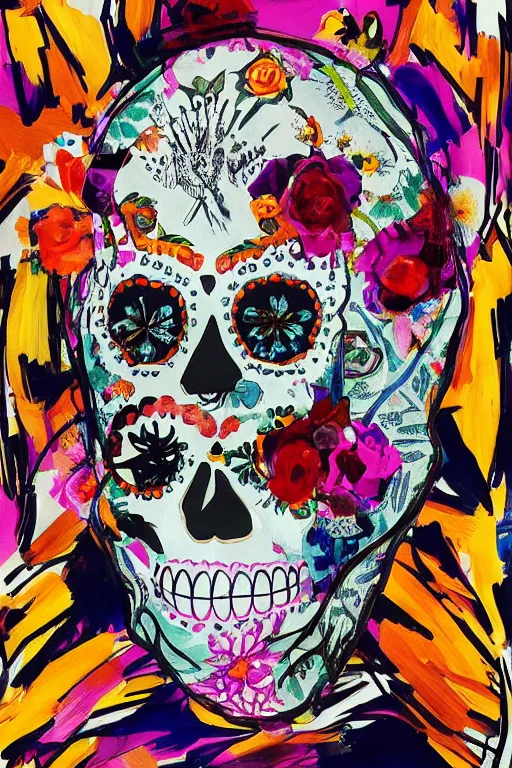 Prompt: Illustration of a sugar skull day of the dead girl, art by john chamberlain