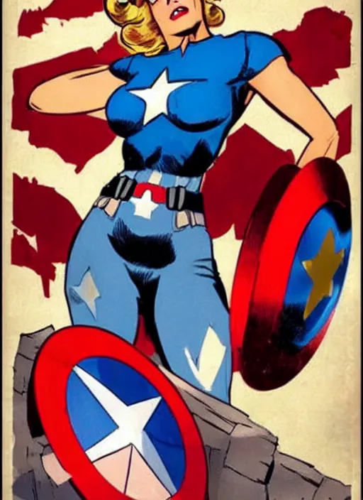 Image similar to sultry female captain america standing on a pile of defeated, beaten and broken ss soldiers. feminist captain america wins ww 2. american ww 2 propaganda poster by rob liefeld and pixar. gorgeous face. pin up. overwatch.