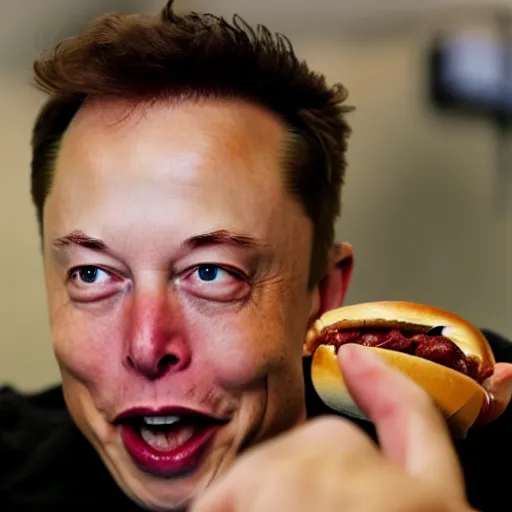 Image similar to Elon Musk eating a hotdog, hyper realistic, HD, HQ, photo realistic