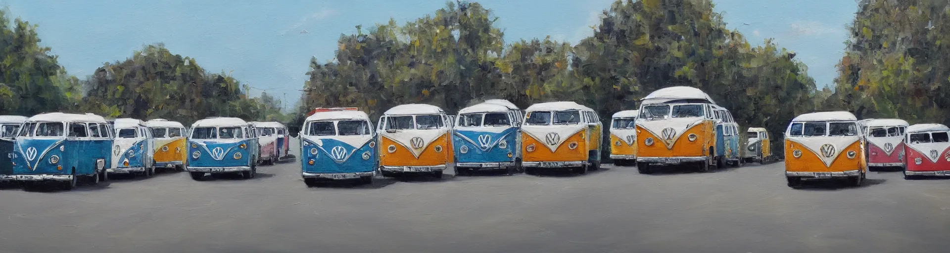 Prompt: a detailed oil painting of vw buses racing in the street