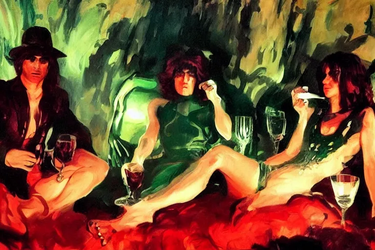 Prompt: cinematic scene, glam rockers drinking brutal and raw wine, inside a green cave with red lights by roger deakins, joaquin sorolla, phil hale, extremely detailed