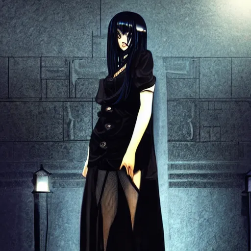 Image similar to 1 7 - year - old goth girl, black hair, long bob cut, long bangs, gothic coat, dark hallways, soft lighting, glowing keypads, secret society, roman pillars, strong lighting, strong shadows, vivid hues, ultra - realistic, sharp details, subsurface scattering, intricate details, hd anime, 2 0 1 9 anime