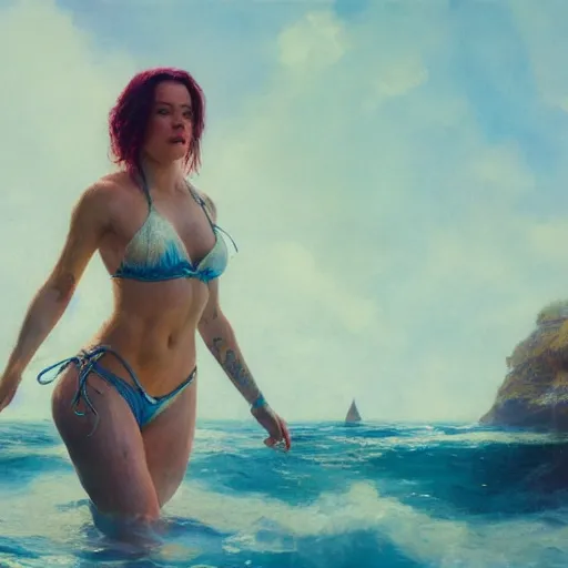 Image similar to halsey in a bikini, 8 k octane beautifully detailed render, post - processing, extremely hyper - detailed, intricate, epic composition, cinematic lighting, masterpiece, trending on artstation, masterpiece, stunning art by anders zorn, wonderful masterpiece by greg rutkowski, beautiful cinematic