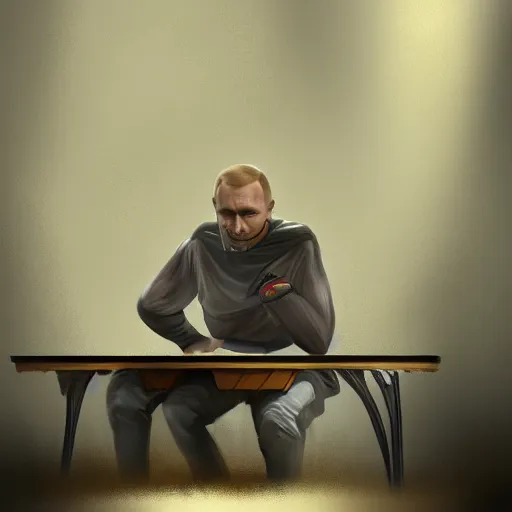 Prompt: Scared putin hiding under table, digital art, trending on artstation, 4k