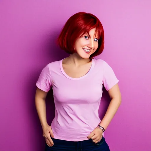 Prompt: a woman with short dark - red hair wearing a pink t - shirt strikes a pose. studio lighting. white background. 4 k.