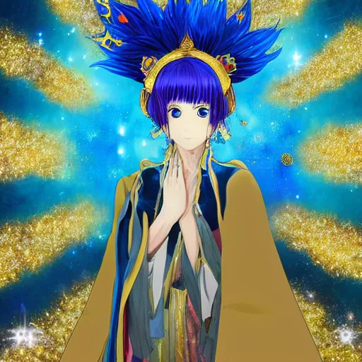 Prompt: portrait from an anime of an ethereal colorful blue starry fox peacock character accented in gold, wearing star filled magic imbued mage robes, wearing lots of gold jewelry and gems, set in observatory at night, art by yuji ikehata, background art by miyazaki, art direction from haruko ichikawa, proper human proportions, fully clothed,