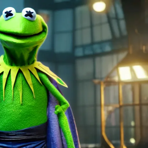 Image similar to a still of kermit the frog as doctor strange on avengers endgame, octane render, unreal engine 5, high quality, highly detailed, close up photo, 8 k