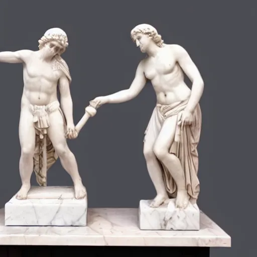 Prompt: Greek Marble Statues doing Daily Chores while laughing histerically