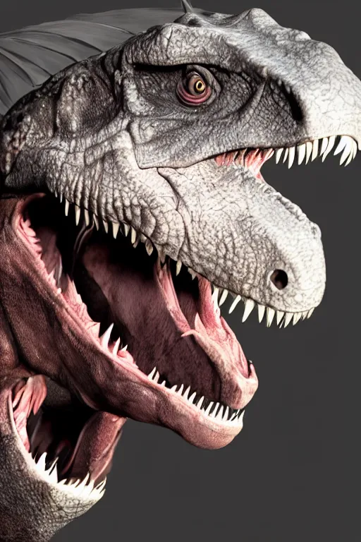 Image similar to A Tyrannosaurus Rex looking menacingly at the camera with studio lighting