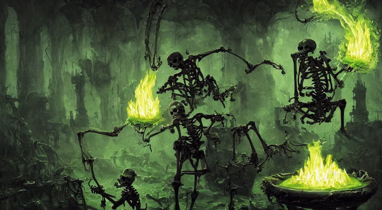 Image similar to A highly detailed oil painting by Greg Rutkowski of a skeleton wearing black robes making a potion in a huge bubbling cauldron glowing bright green, with lots of fire coming from it, highly detailed fantasy concept artwork, very realistic, green and black color scheme.