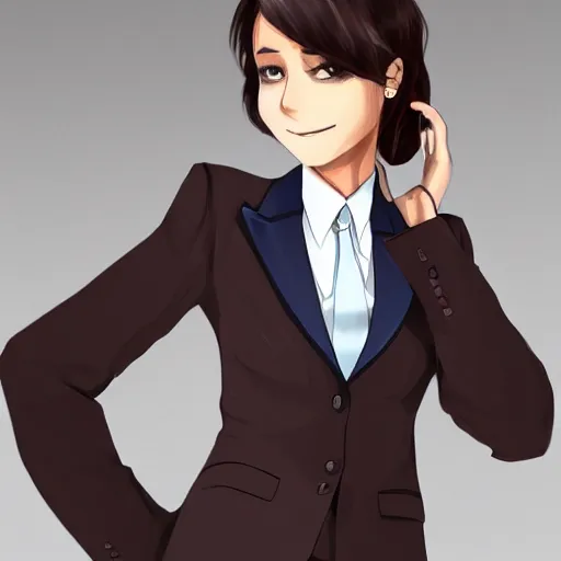 Prompt: woman in black business suit, chill, light brown neat hair, pixiv, fanbox, trending on artstation, portrait, digital art, modern, sleek, highly detailed, formal, determined, blue tie, lawyer, colorized, smooth, charming, pretty, briefcase, safe for work