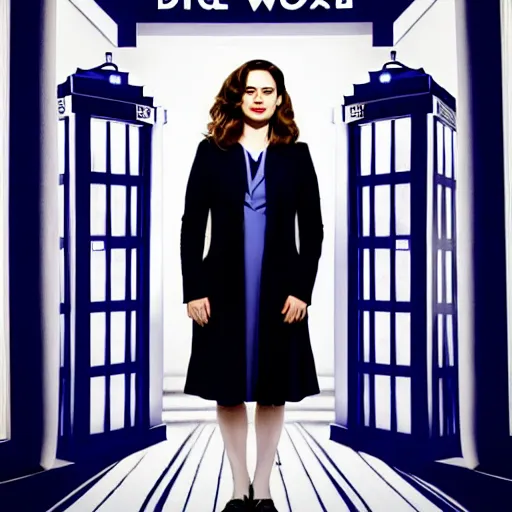 Image similar to a beautiful full body photograph of hayley atwell dressed as the doctor from doctor who standing in front of the tardis, symmetrical face, extreme realism and detail, 8 k, completely framed, direct lighting, 3 5 mm photo, photorealistic, sharp focus