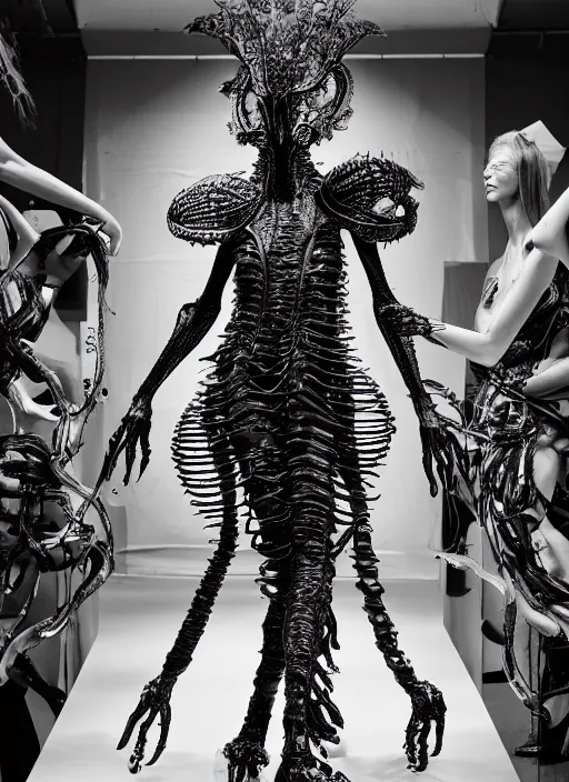 Image similar to walking down the catwalk, ben watts, show, stage, vogue photo, podium, fashion show photo, historical baroque dress dark, iris van herpen, beautiful woman, masterpiece, intricate, biopunk, vogue, full body shot, alien, plant predator, guyver, jellyfish, white biomechanical details, highly detailed