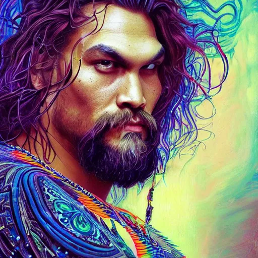 Image similar to portrait of jason momoa, hyper detailed masterpiece, neon floral pattern, jean giraud, digital art painting, darkwave goth aesthetic, psychedelic, artgerm, donato giancola and tom bagshaw