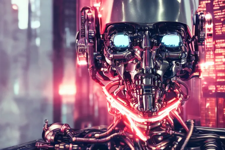 Image similar to cyberpunk robot with intricate machinery, terminator, headshot photography, 4K 3D render, desktopography, HD Wallpaper, digital art