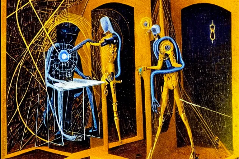Prompt: a tarot card intricate of a cybernetic technomancer wizard consulting his AI by Remedios Varo